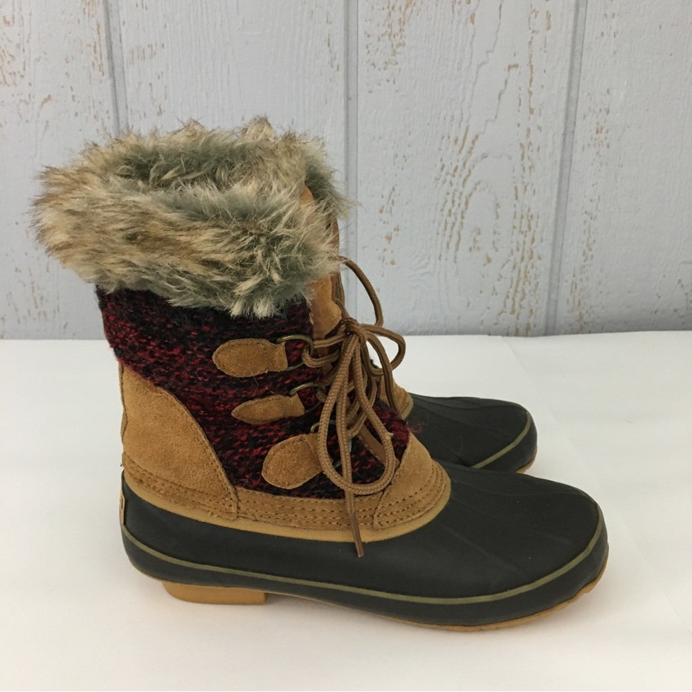 Totes Faux Fur Plaid Cloth Lace Up Winter Duck Boots Lynn Tan Size 7 M - Picture 3 of 13